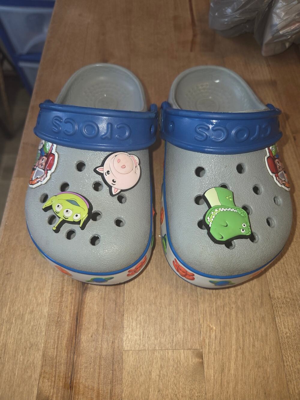 Crocs Toddler C7 Toy Story Clogs Gray Blue Alien Rex Hamm EUC